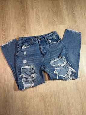 Distressed High-Rise Mom Jeans Ripped Blue Jeans
